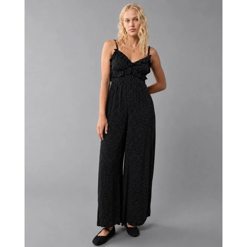 American Eagle Polka Dot Wide Leg Jumpsuit Black White Ruffle Smocked XS